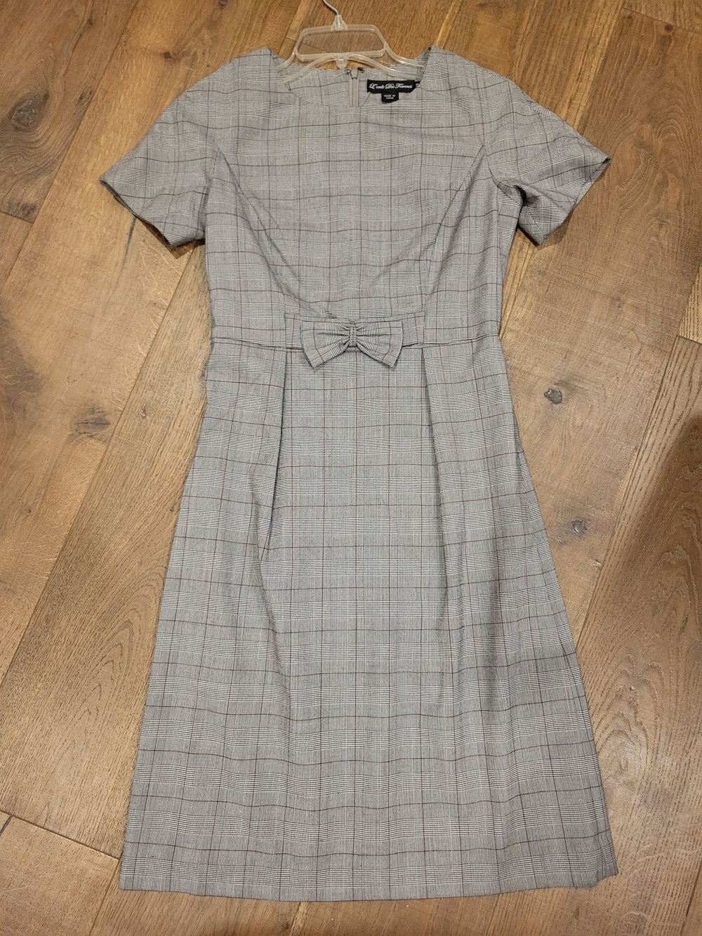 Gray Plaid Midi Dress with Waist Bow